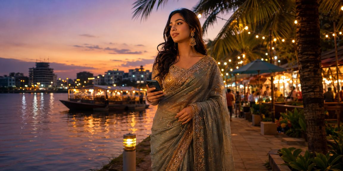 ঢাকায় শাড়ি পরিহিত একজন বাংলাদেশি নারী মোবাইলে tk777club ক্যাসিনো অ্যাপ ব্যবহার করছেন